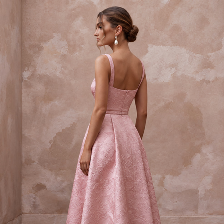 Rose Pink Floral Jacquard Square Neck Midi Dress for Spring Event - Apparel & Accessories > Clothing > Wedding & Bridal Party Dresses > Wedding Dresses - Mignonette Bridal
