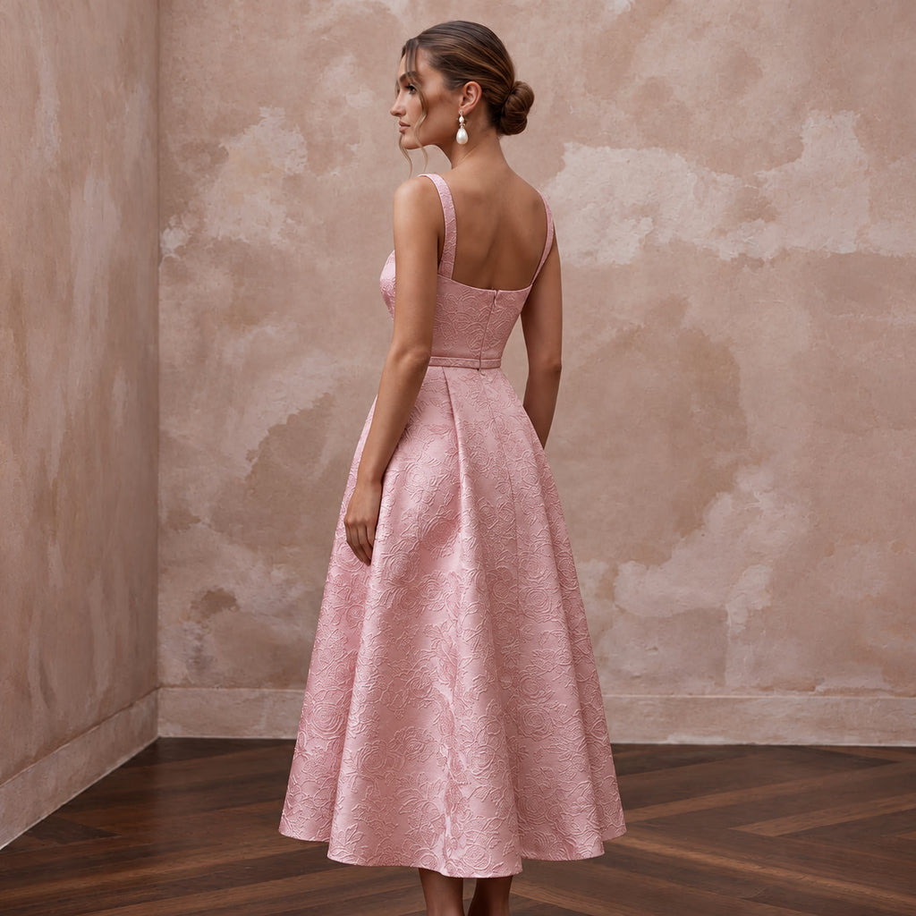 Rose Pink Floral Jacquard Square Neck Midi Dress for Spring Event - Apparel & Accessories > Clothing > Wedding & Bridal Party Dresses > Wedding Dresses - Mignonette Bridal