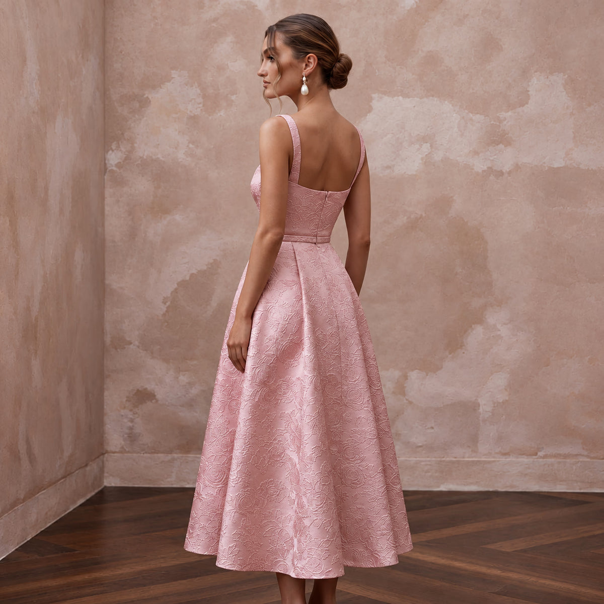 Rose Pink Floral Jacquard Square Neck Midi Dress for Spring Event - Apparel & Accessories > Clothing > Wedding & Bridal Party Dresses > Wedding Dresses - Mignonette Bridal