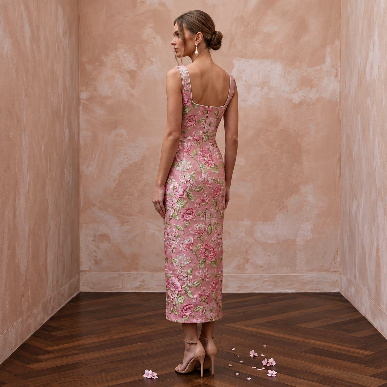 Rose Pink Floral Jacquard Square Neck Midi Dress for Spring Event Secondary image