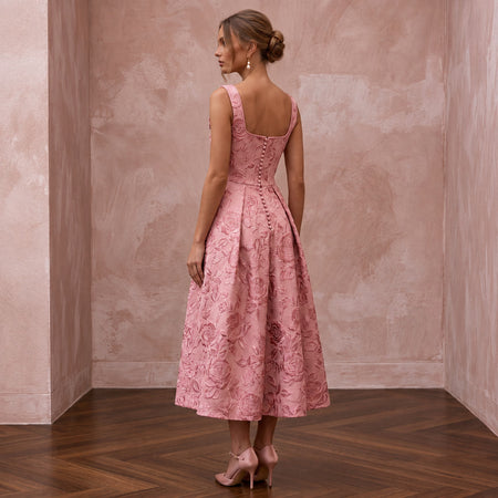 Rose Pink Floral Jacquard Square Neck Midi Dress for Spring Event