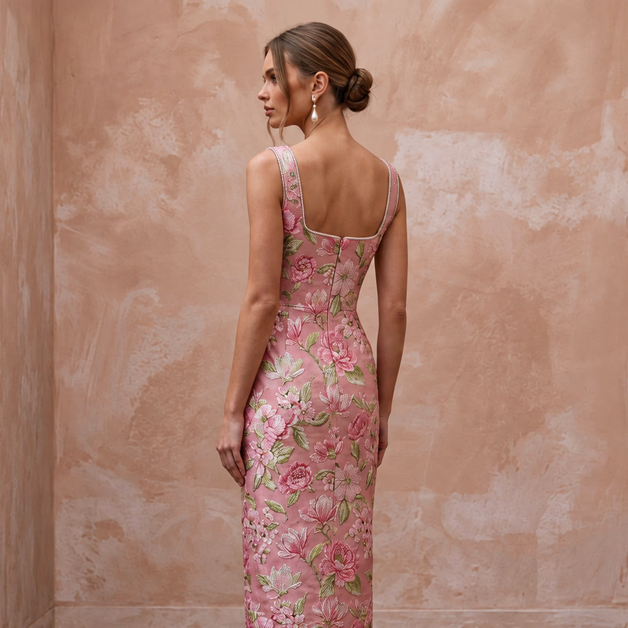 Rose Pink Floral Jacquard Square Neck Midi Dress for Spring Event
