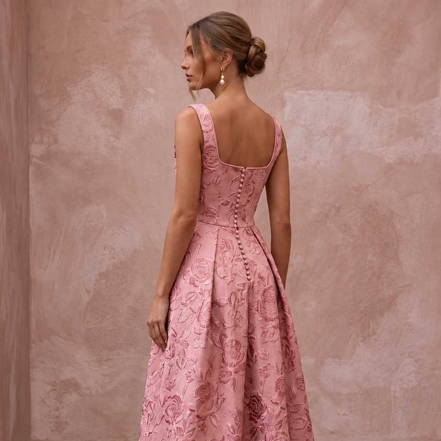 Rose Pink Floral Jacquard Square Neck Midi Dress for Spring Event