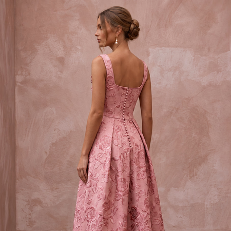 Rose Pink Floral Jacquard Square Neck Midi Dress for Spring Event