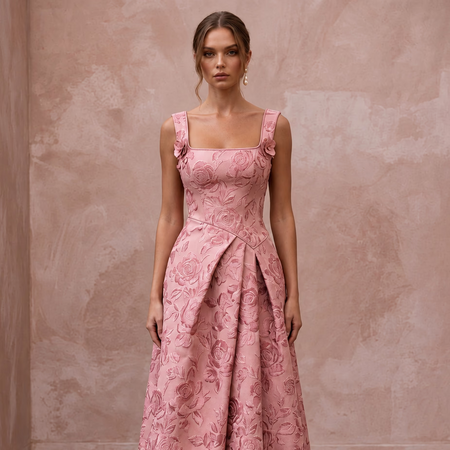 Rose Pink Floral Jacquard Square Neck Midi Dress for Spring Event