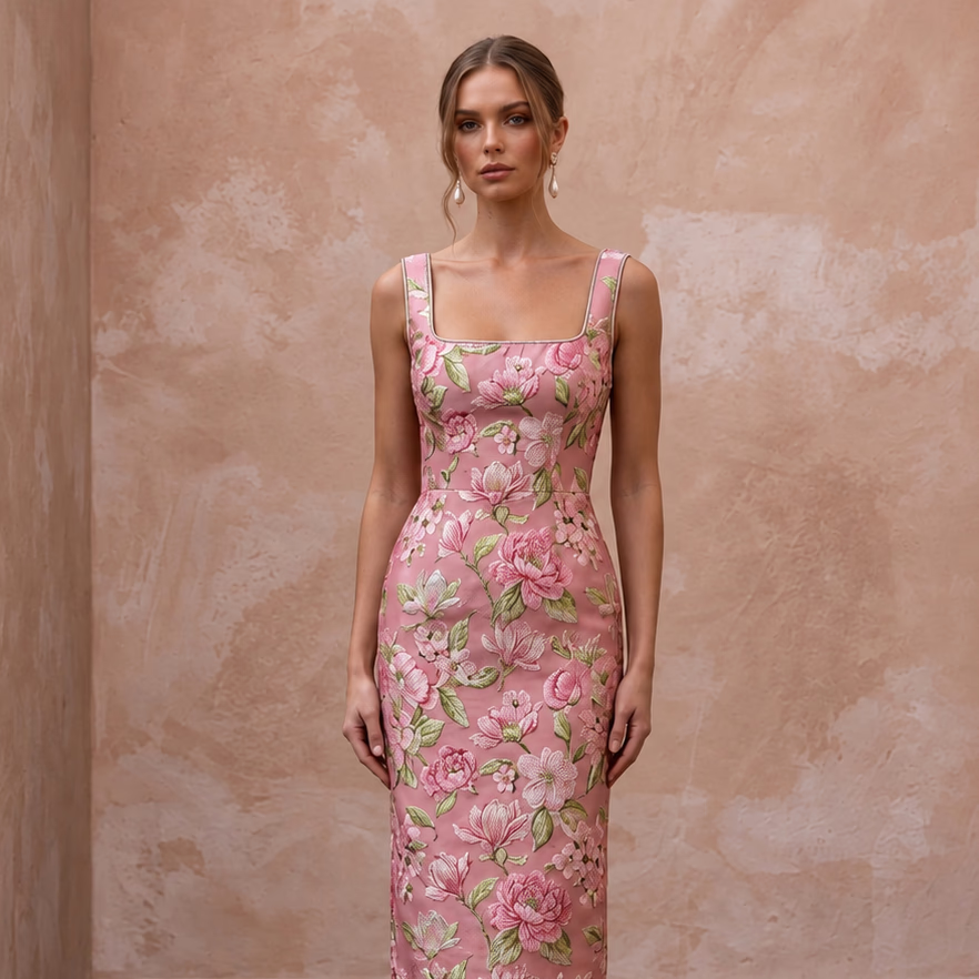 Rose Pink Floral Jacquard Square Neck Midi Dress for Spring Event