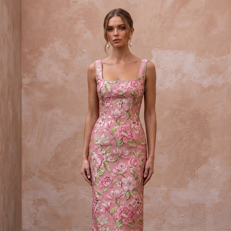 Rose Pink Floral Jacquard Square Neck Midi Dress for Spring Event