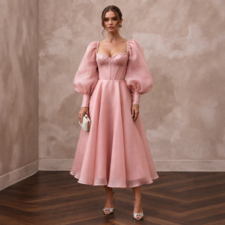 Rose Pink Silk Organza Voluminous Sleeve Midi Dress for Wedding Guest - Apparel & Accessories > Clothing > Wedding & Bridal Party Dresses > Wedding Dresses - Mignonette Bridal