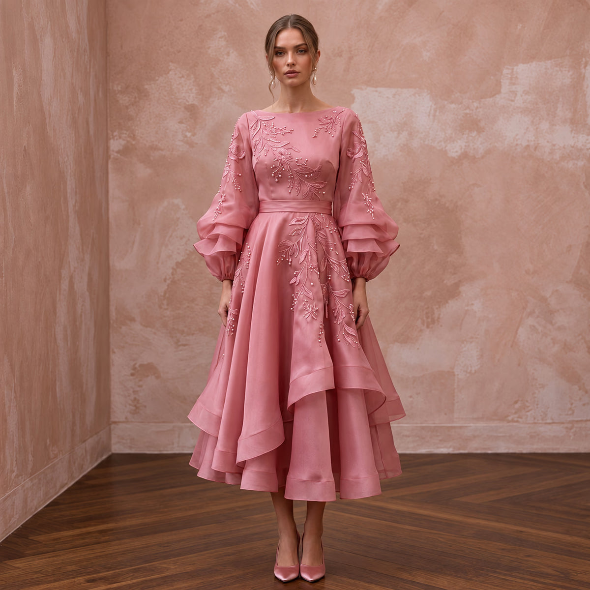 Rose Pink Silk Organza Voluminous Sleeve Midi Dress for Wedding Guest - Apparel & Accessories > Clothing > Wedding & Bridal Party Dresses > Wedding Dresses - Mignonette Bridal Main image