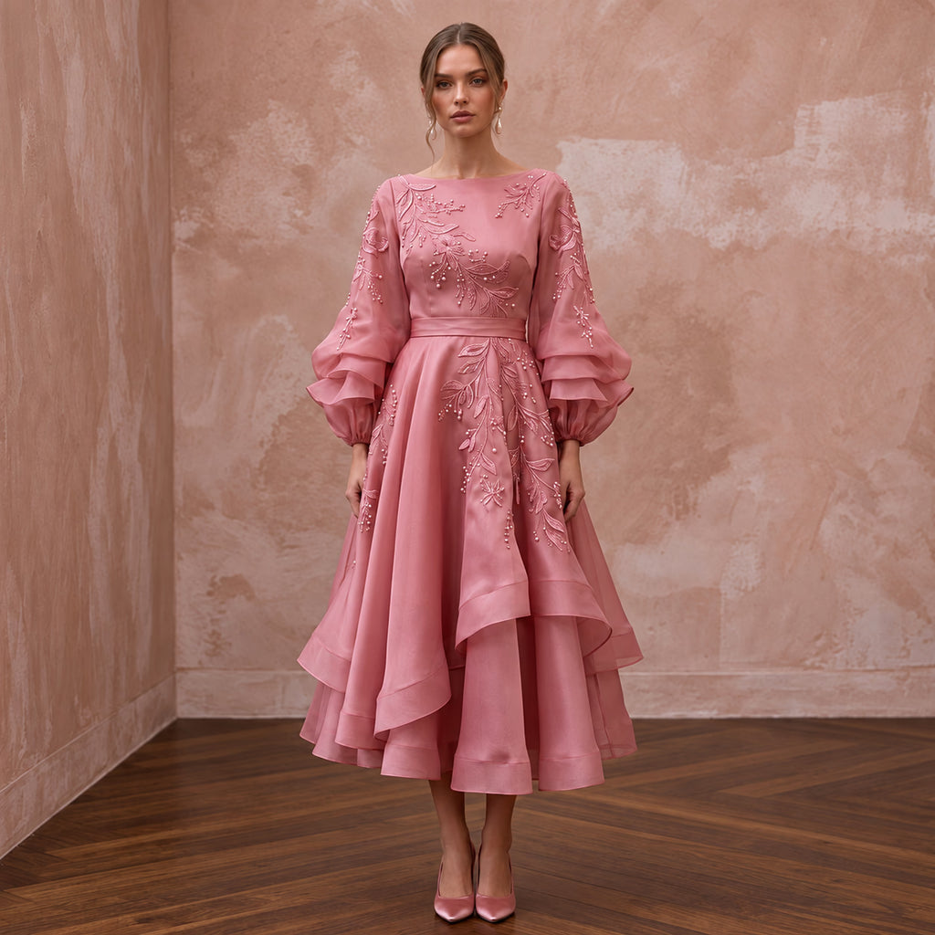 Rose Pink Silk Organza Voluminous Sleeve Midi Dress for Wedding Guest