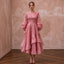 Rose Pink Silk Organza Voluminous Sleeve Midi Dress for Wedding Guest
