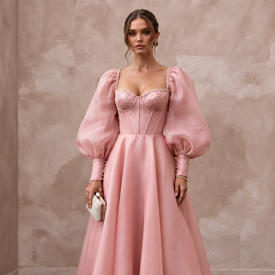 Rose Pink Silk Organza Voluminous Sleeve Midi Dress for Wedding Guest - Apparel & Accessories > Clothing > Wedding & Bridal Party Dresses > Wedding Dresses - Mignonette Bridal