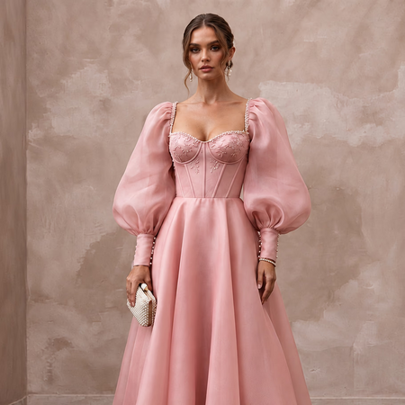 Rose Pink Silk Organza Voluminous Sleeve Midi Dress for Wedding Guest - Apparel & Accessories > Clothing > Wedding & Bridal Party Dresses > Wedding Dresses - Mignonette Bridal