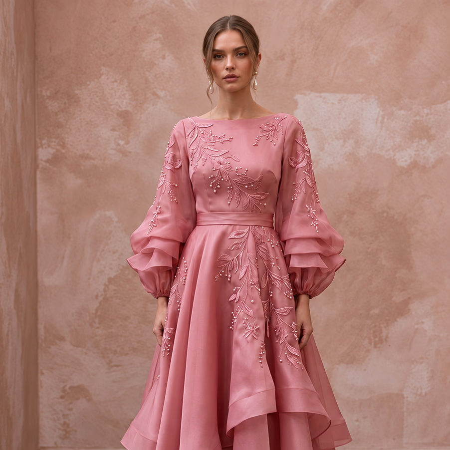 Rose Pink Silk Organza Voluminous Sleeve Midi Dress for Wedding Guest