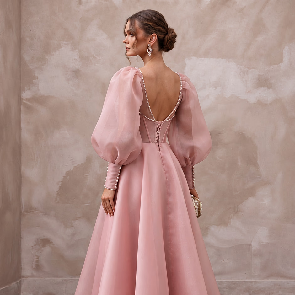 Rose Pink Silk Organza Voluminous Sleeve Midi Dress for Wedding Guest - Apparel & Accessories > Clothing > Wedding & Bridal Party Dresses > Wedding Dresses - Mignonette Bridal