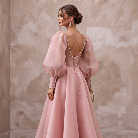 Rose Pink Silk Organza Voluminous Sleeve Midi Dress for Wedding Guest - Apparel & Accessories > Clothing > Wedding & Bridal Party Dresses > Wedding Dresses - Mignonette Bridal