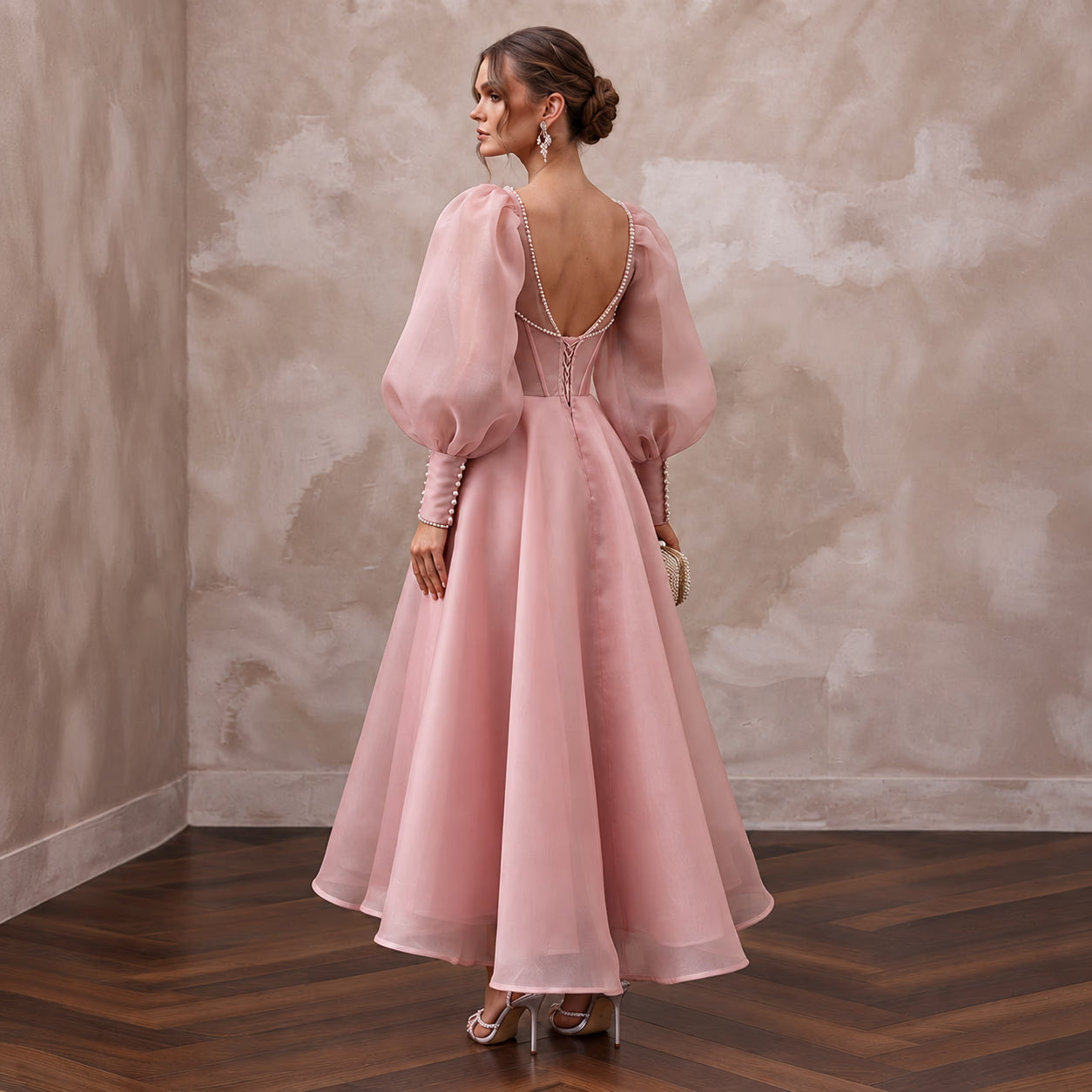 Rose Pink Silk Organza Voluminous Sleeve Midi Dress for Wedding Guest Secondary image