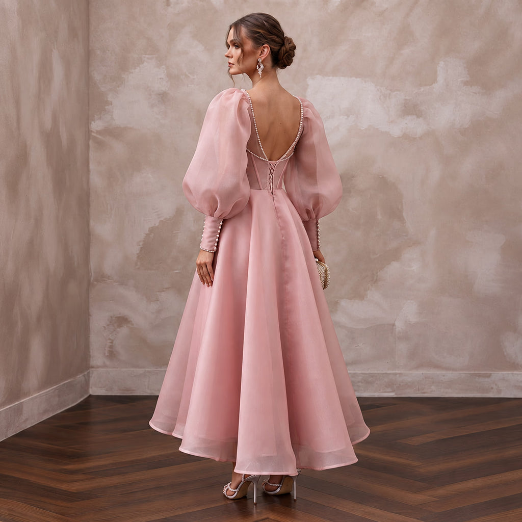 Rose Pink Silk Organza Voluminous Sleeve Midi Dress for Wedding Guest - Apparel & Accessories > Clothing > Wedding & Bridal Party Dresses > Wedding Dresses - Mignonette Bridal