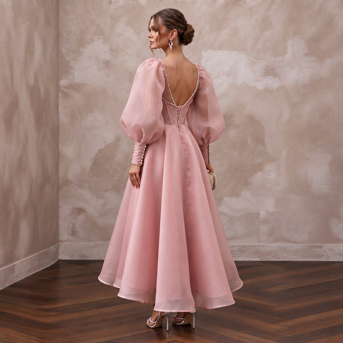 Rose Pink Silk Organza Voluminous Sleeve Midi Dress for Wedding Guest - Apparel & Accessories > Clothing > Wedding & Bridal Party Dresses > Wedding Dresses - Mignonette Bridal