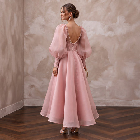 Rose Pink Silk Organza Voluminous Sleeve Midi Dress for Wedding Guest - Apparel & Accessories > Clothing > Wedding & Bridal Party Dresses > Wedding Dresses - Mignonette Bridal