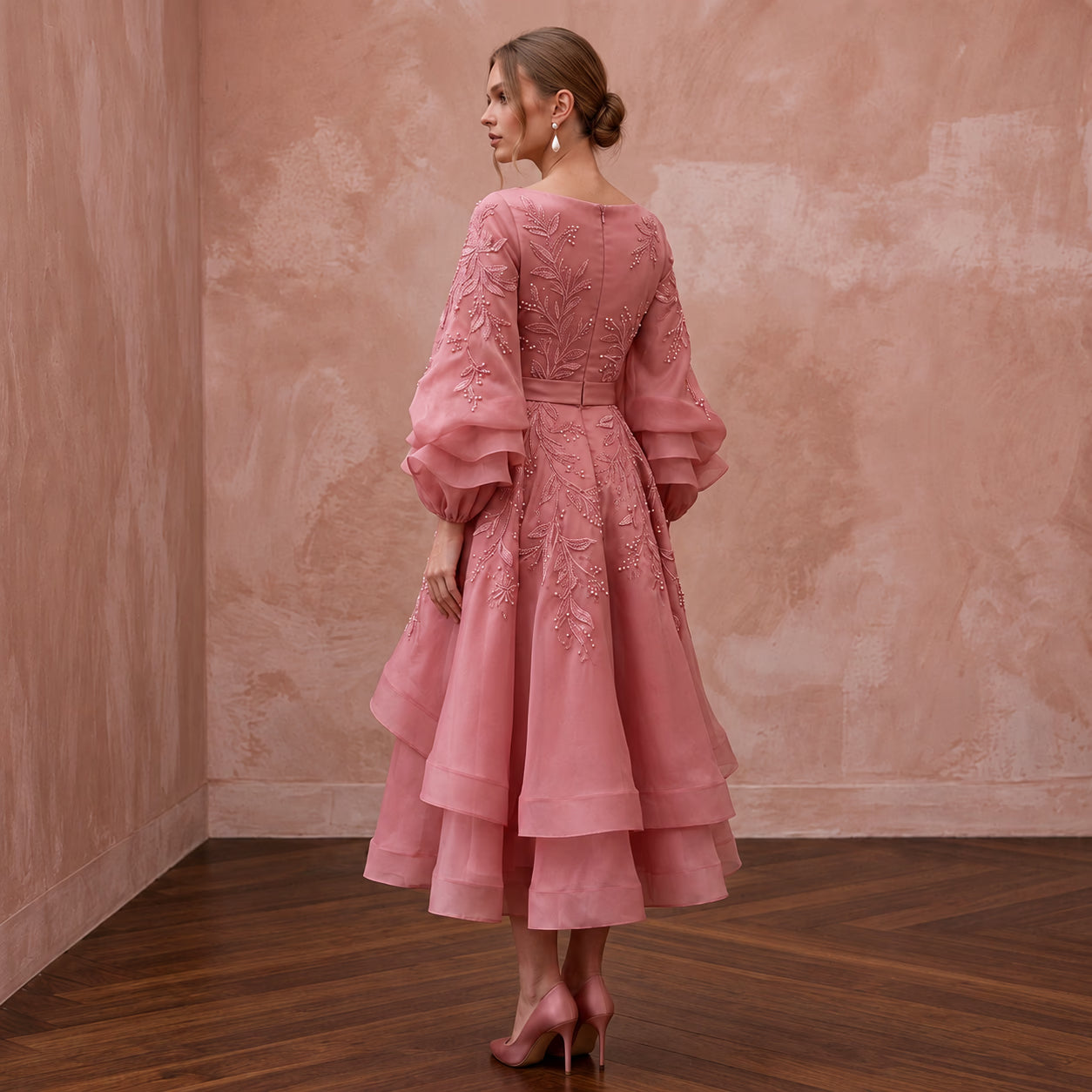 Rose Pink Silk Organza Voluminous Sleeve Midi Dress for Wedding Guest Secondary image