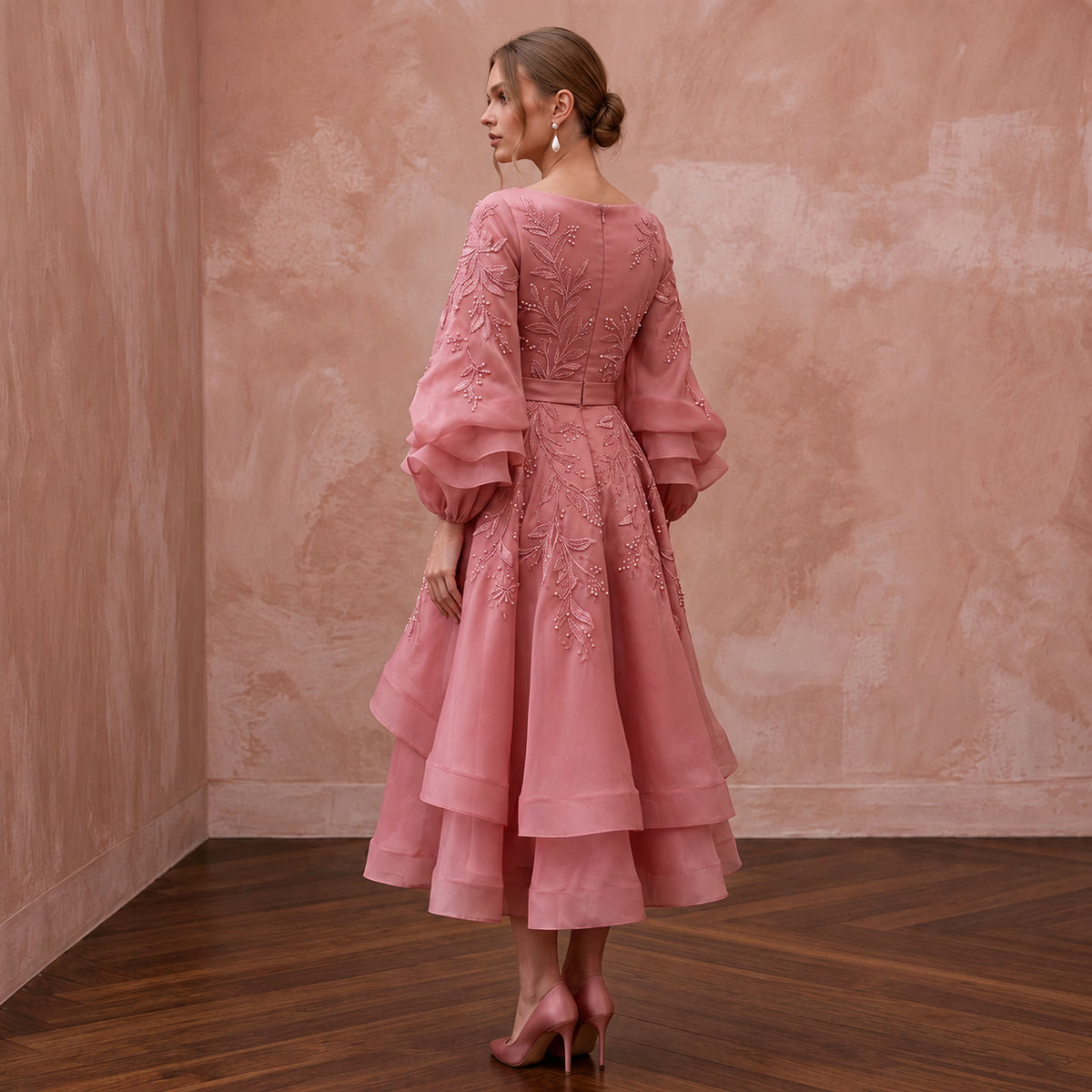 Rose Pink Silk Organza Voluminous Sleeve Midi Dress for Wedding Guest