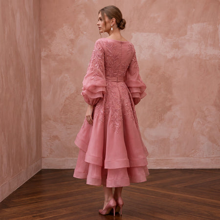 Rose Pink Silk Organza Voluminous Sleeve Midi Dress for Wedding Guest