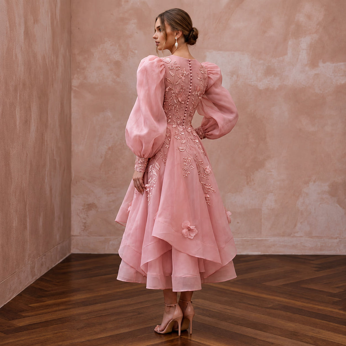 Rose Pink Silk Organza Voluminous Sleeve Midi Dress for Wedding Guest
