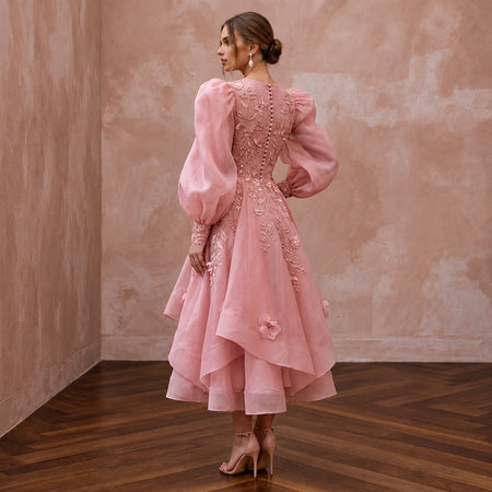 Rose Pink Silk Organza Voluminous Sleeve Midi Dress for Wedding Guest