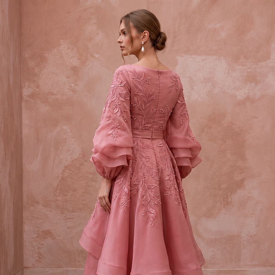 Rose Pink Silk Organza Voluminous Sleeve Midi Dress for Wedding Guest