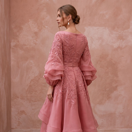 Rose Pink Silk Organza Voluminous Sleeve Midi Dress for Wedding Guest