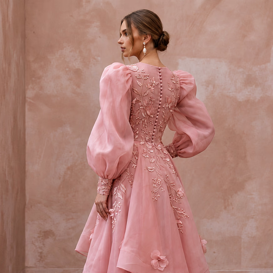 Rose Pink Silk Organza Voluminous Sleeve Midi Dress for Wedding Guest