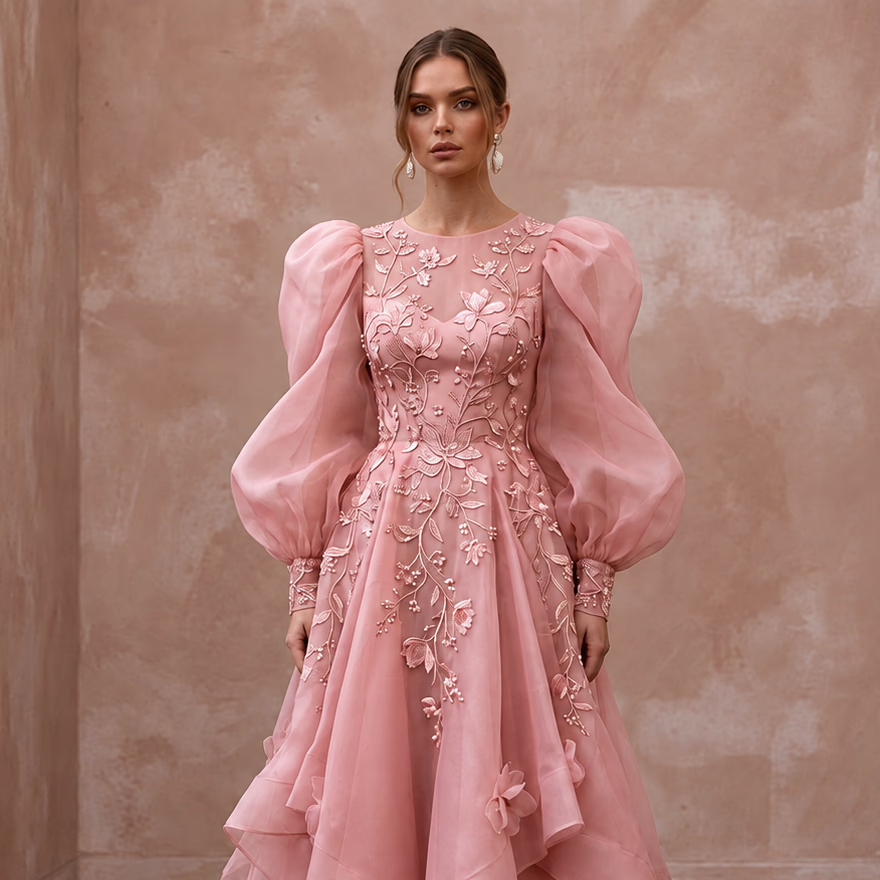 Rose Pink Silk Organza Voluminous Sleeve Midi Dress for Wedding Guest