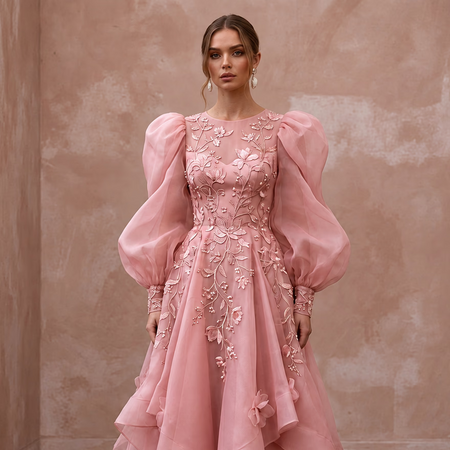Rose Pink Silk Organza Voluminous Sleeve Midi Dress for Wedding Guest