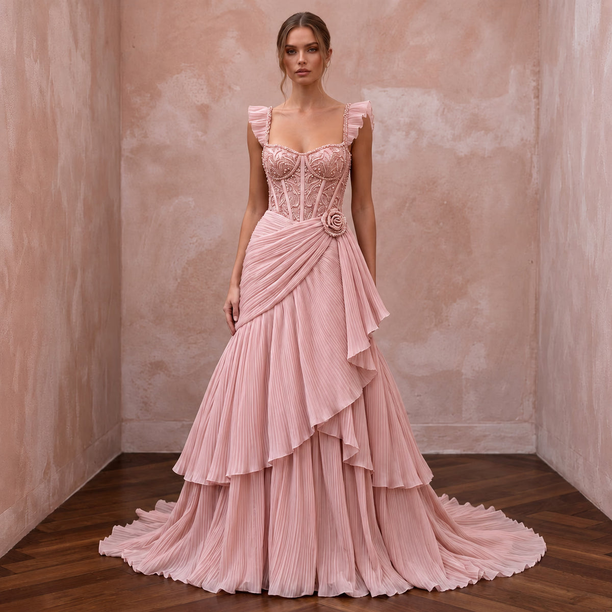 Rose Quartz Pink Pleated Chiffon Bridal Gown for Pink-Themed Reception