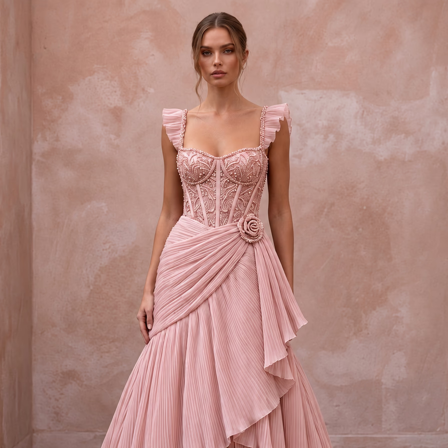 Rose Quartz Pink Pleated Chiffon Bridal Gown for Pink-Themed Reception