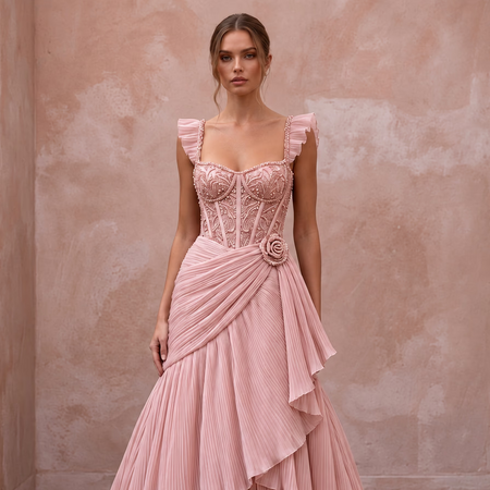 Rose Quartz Pink Pleated Chiffon Bridal Gown for Pink-Themed Reception