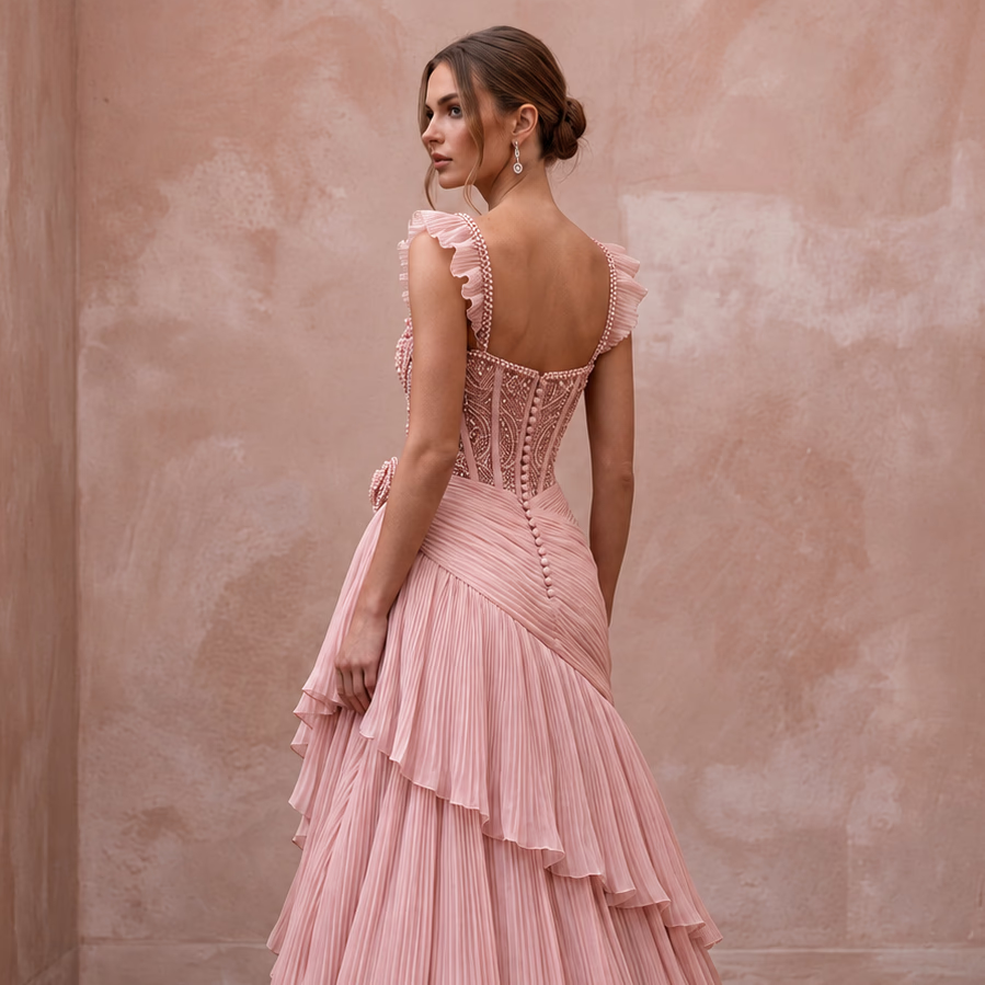 Rose Quartz Pink Pleated Chiffon Bridal Gown for Pink-Themed Reception