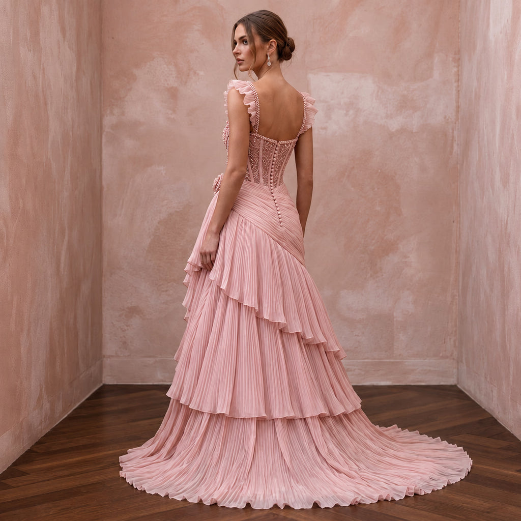 Rose Quartz Pink Pleated Chiffon Bridal Gown for Pink-Themed Reception