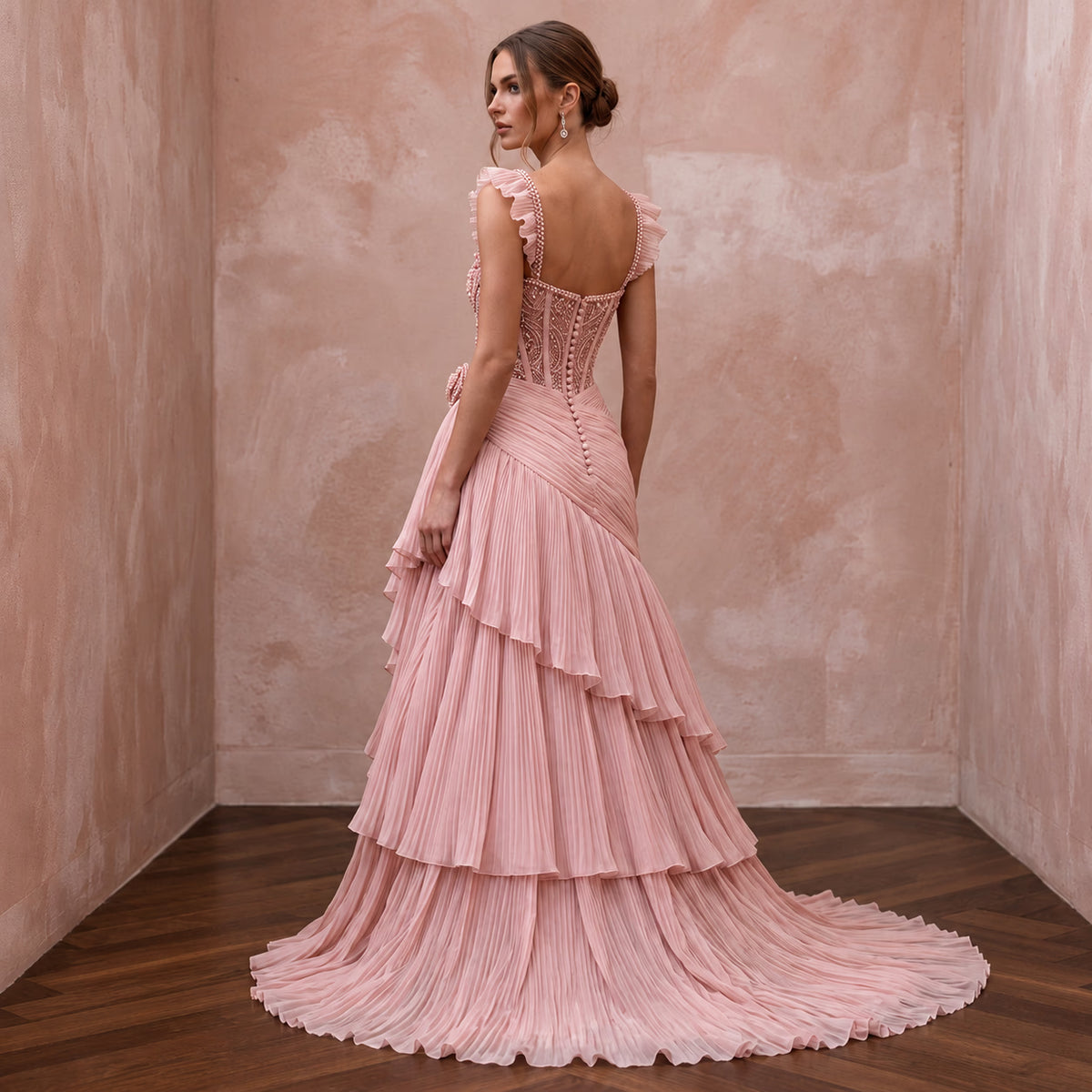 Rose Quartz Pink Pleated Chiffon Bridal Gown for Pink-Themed Reception