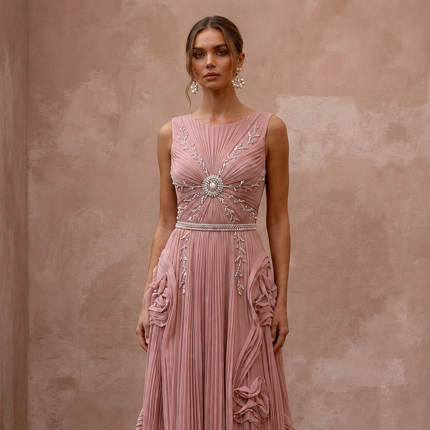 Rose Quartz Pink Pleated Chiffon Gown for Pink - Themed Reception - Apparel & Accessories > Clothing > Wedding & Bridal Party Dresses > Wedding Dresses - Mignonette Bridal