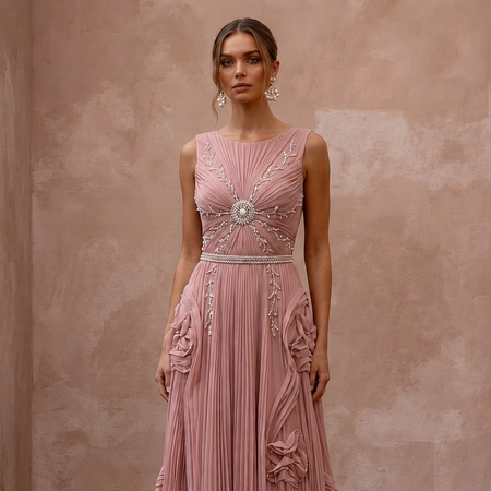 Rose Quartz Pink Pleated Chiffon Gown for Pink - Themed Reception - Apparel & Accessories > Clothing > Wedding & Bridal Party Dresses > Wedding Dresses - Mignonette Bridal