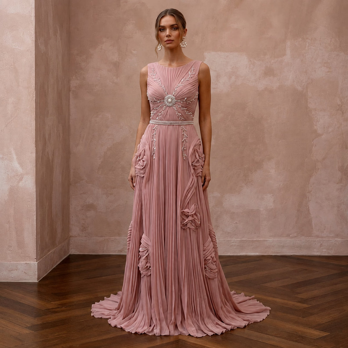 Rose Quartz Pink Pleated Chiffon Gown for Pink - Themed Reception - Apparel & Accessories > Clothing > Wedding & Bridal Party Dresses > Wedding Dresses - Mignonette Bridal Main image