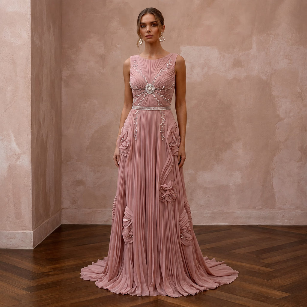 Rose Quartz Pink Pleated Chiffon Gown for Pink - Themed Reception - Apparel & Accessories > Clothing > Wedding & Bridal Party Dresses > Wedding Dresses - Mignonette Bridal