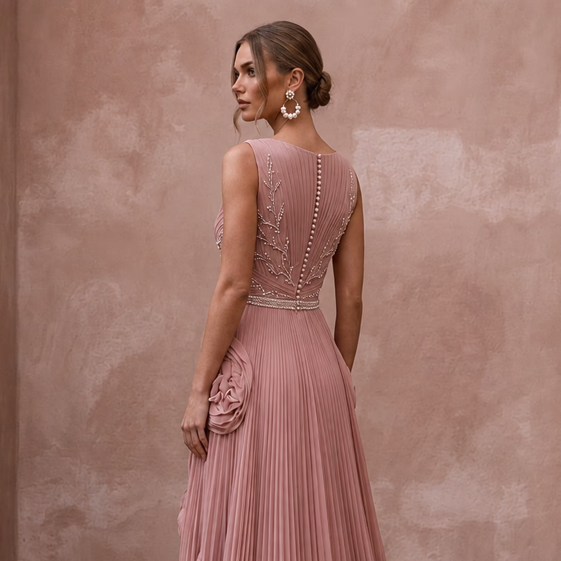 Rose Quartz Pink Pleated Chiffon Gown for Pink - Themed Reception - Apparel & Accessories > Clothing > Wedding & Bridal Party Dresses > Wedding Dresses - Mignonette Bridal