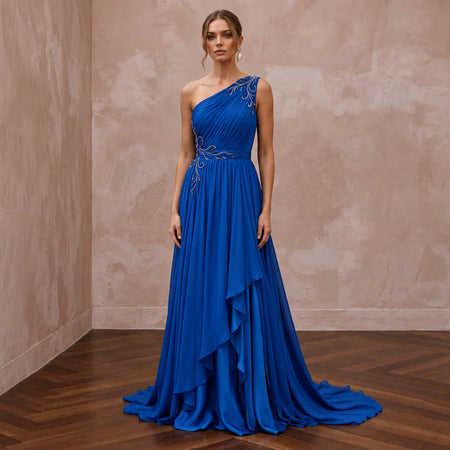 Royal Blue Chiffon One-Shoulder Flowing Asymmetrical Evening Gown