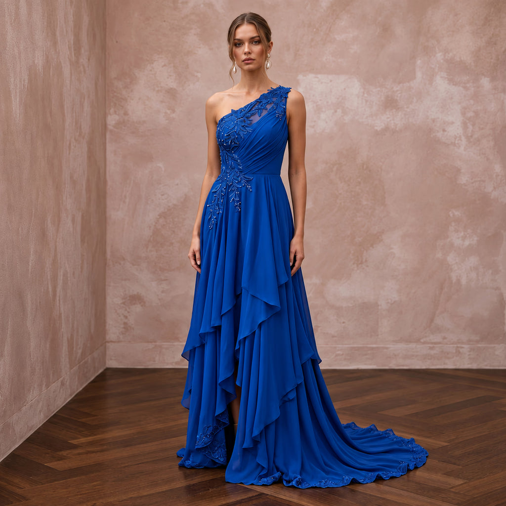Royal Blue Chiffon One-Shoulder Flowing Asymmetrical Evening Gown