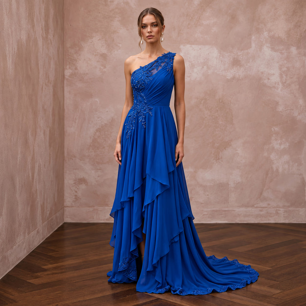 Royal Blue Chiffon One-Shoulder Flowing Asymmetrical Evening Gown