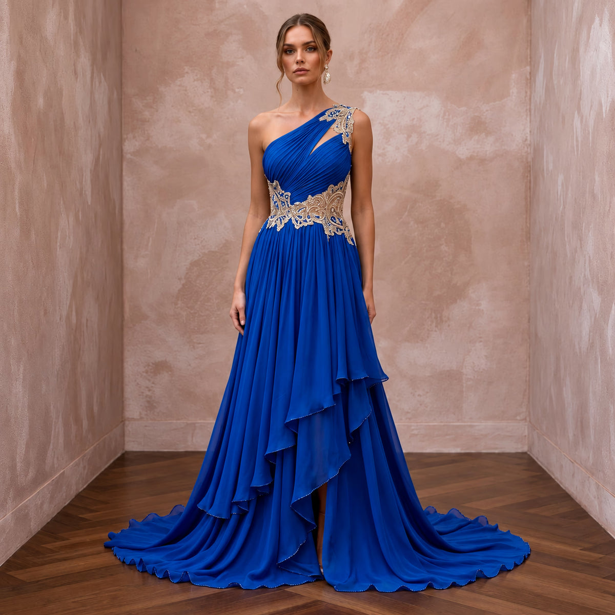 Royal Blue Chiffon One-Shoulder Flowing Asymmetrical Evening Gown
