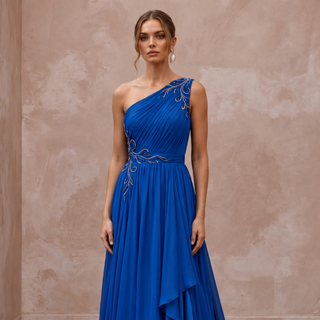 Royal Blue Chiffon One-Shoulder Flowing Asymmetrical Evening Gown
